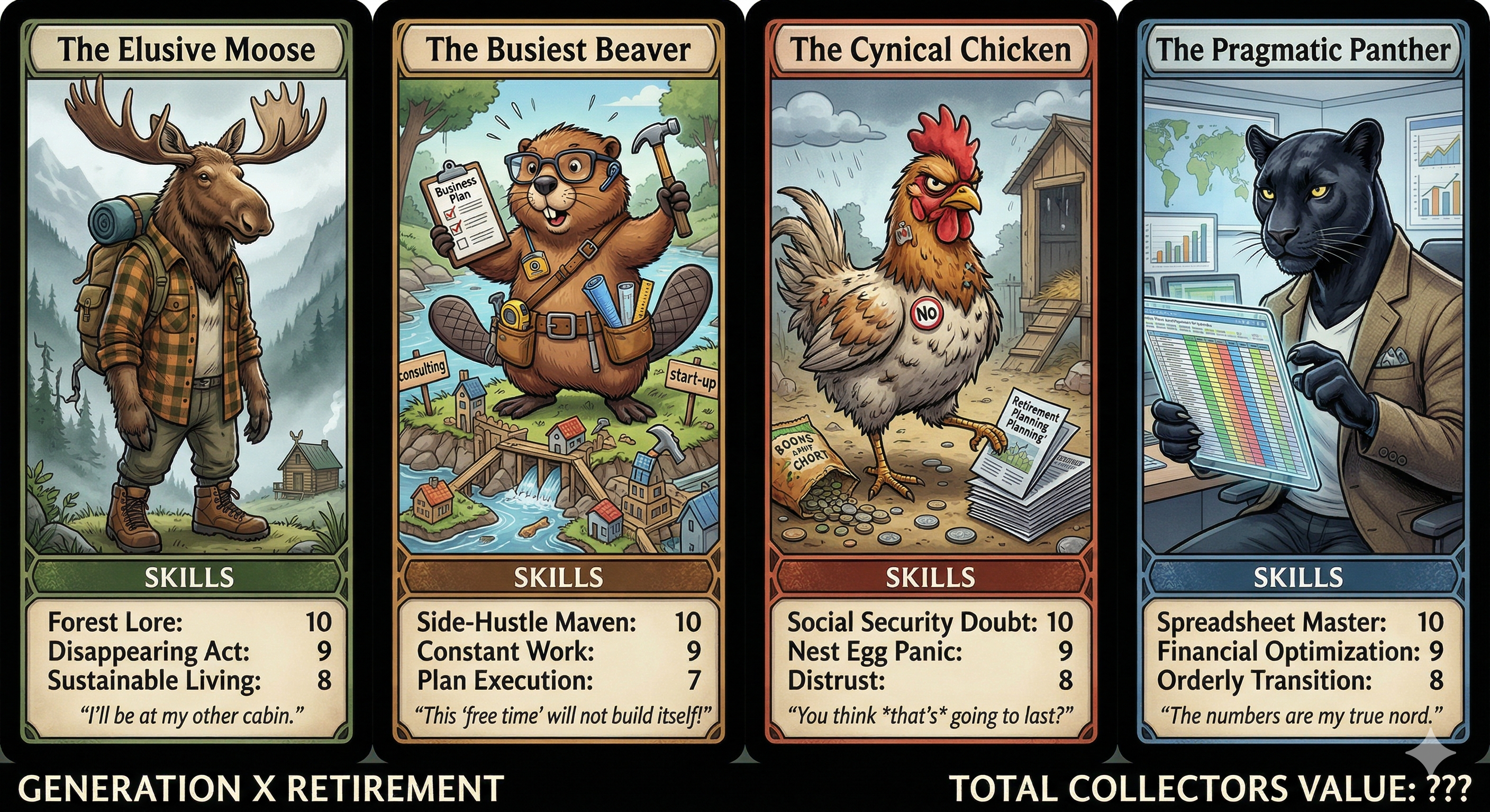 The four Ruddermore archetypes: The Elusive Moose, The Busiest Beaver, The Cynical Chicken, and The Pragmatic Panther